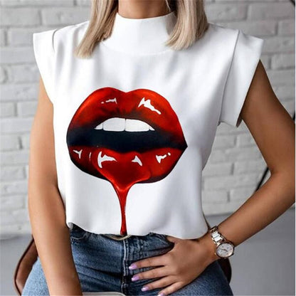 lovwvol Women Lips Printed T Shirt Ladies Casual Stand Neck Tee Tops Short Sleeve Streetwear Summer Floral Plus Size Pullover T-shirts