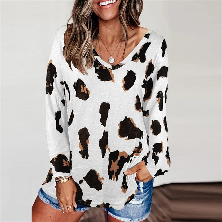 lovwvol Leopard V Neck Woman tshirts Long Sleeve Loose Top Women Casual Soft Tops Tee Shirts Female harajuku mujer camisetas