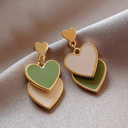 New Korean Style White Green Heart Drop Earrings For Women Contracted Heart Pearl Asymmetrical Earring Girl Party Jewelry