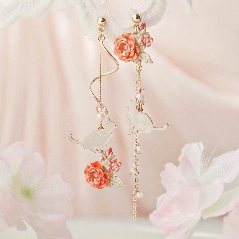 New Korean Style Flower Asymmetrical Dangle Earrings for Women Shiny Rhinestone Long Tassel Cute Cat Earring Sweet Jewelry