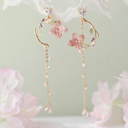 New Korean Style Flower Asymmetrical Dangle Earrings for Women Shiny Rhinestone Long Tassel Cute Cat Earring Sweet Jewelry