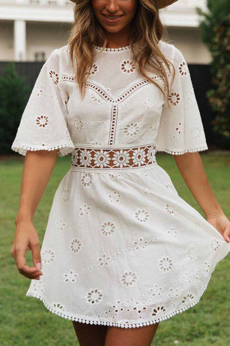 lovwvol O-Neck White Lace Mini Dress