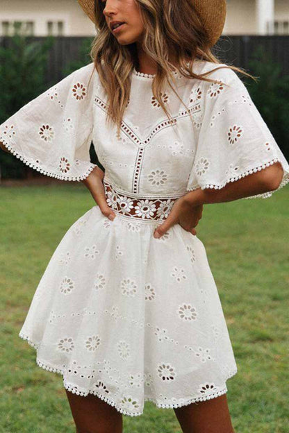 lovwvol O-Neck White Lace Mini Dress