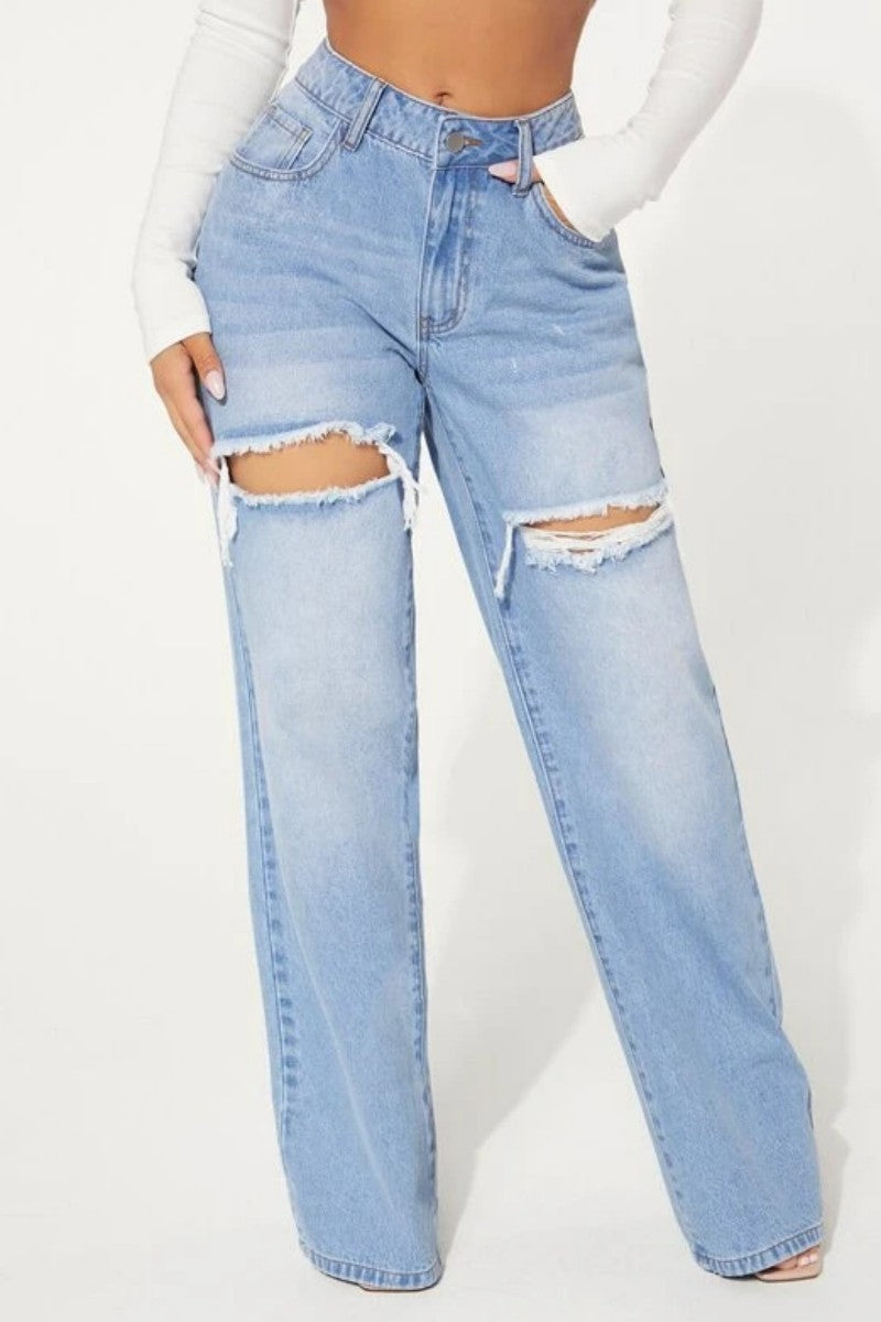 lovwvol  - Baby Blue Casual Solid Ripped High Waist Straight Denim Jeans (Subject To The Actual Object)