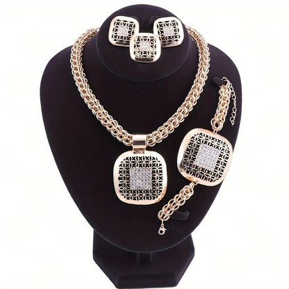 Tone Rhinestone Square Necklace Earrings Bracelet Ring Set, Vintage Ethnic Style Women's Wedding Party Jewelry Gift Set