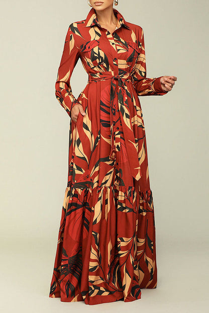 Leaf Print Feminine Single Breasted Belted Maxi Dress