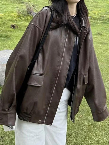 Vintage Brown Lapel Neck Zip Up Leather Jacket