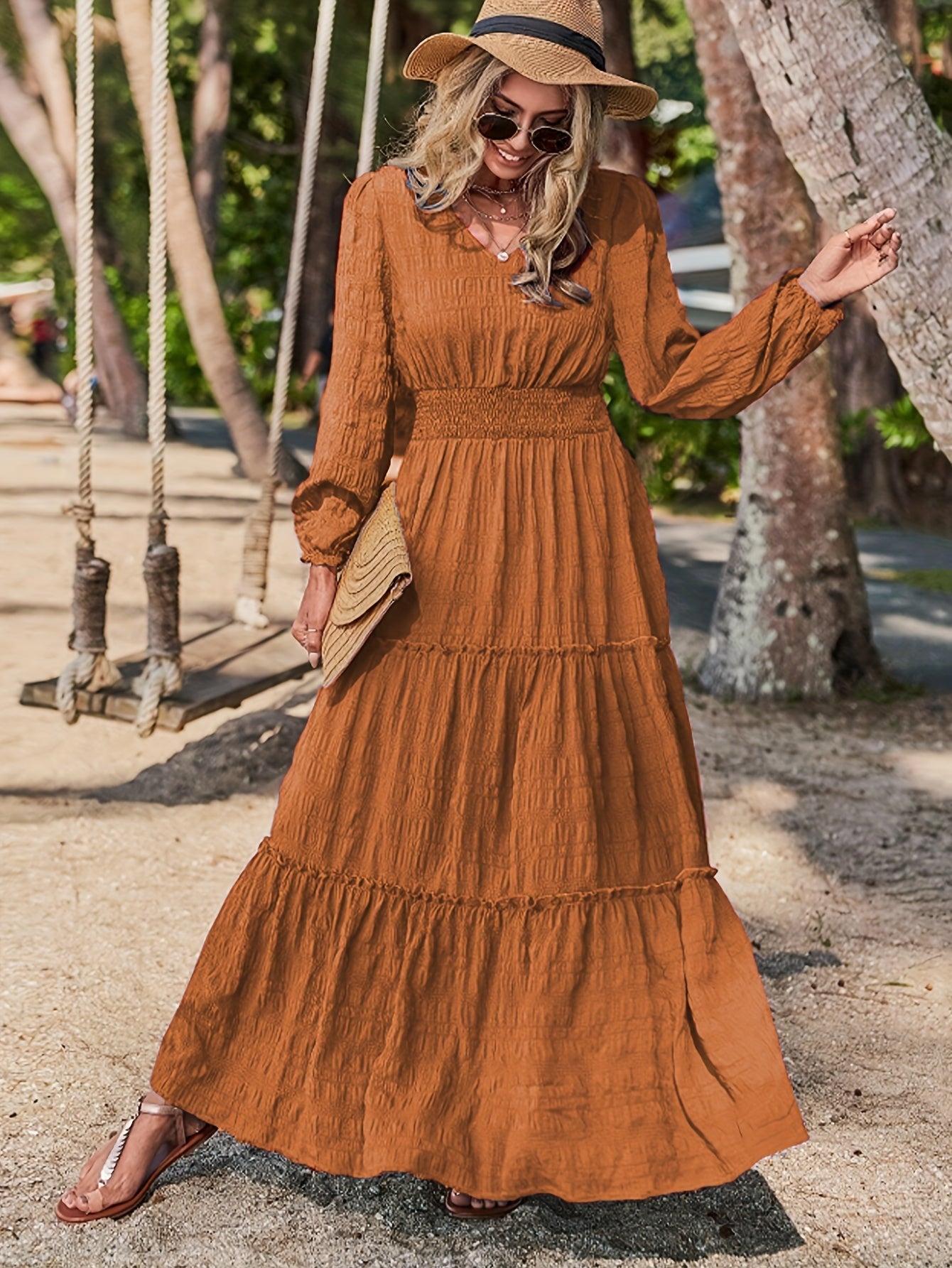 Chic Solid V-neck Textured Maxi Dress - Flattering Vacation Style with Smocked Long Sleeves - Versatile Womens Clothing for All Seasons