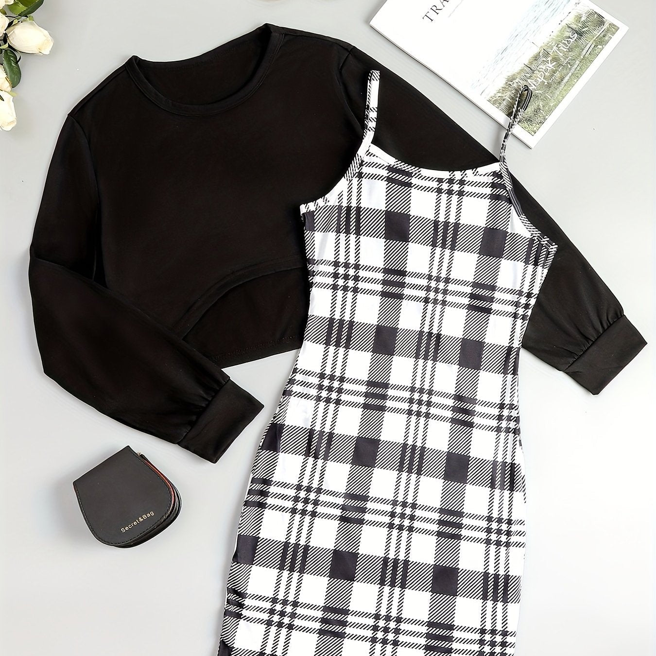 Chic Womens Two-Piece Dress Set - Fashionable Asymmetrical Hem Crop Top & Plaid Cami Dress Outfit - Flattering Long Sleeves, Versatile Casual Wear for Multiple Occasions - Premium Quality