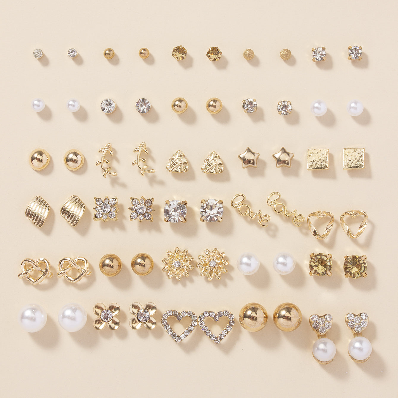 30 Pairs of Exquisite Alloy Love Letter Stud Earrings Set - Full Rhinestones, Round Faux Pearl Accents, Hypoallergenic, Comfortable Wear, Perfect for Daily Life, Party, Wedding, and Special Occasions