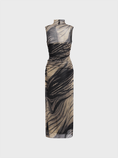 Double Layer Wrinkled Half Turtleneck Abstract Sleeveless Maxi Dress