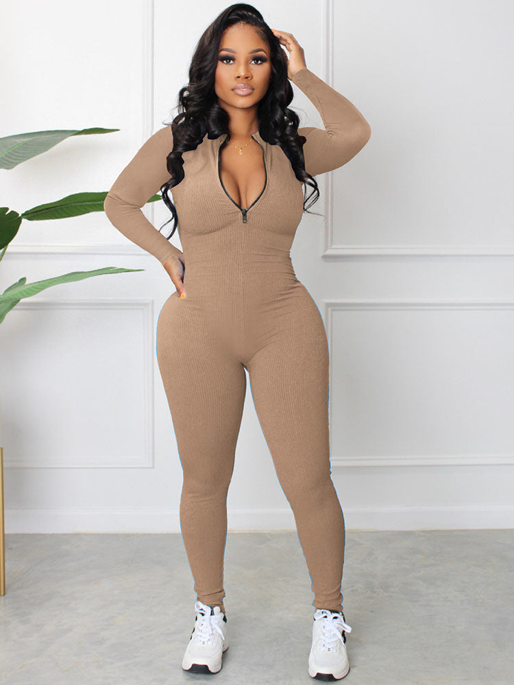 Knit Long Sleeves Zipper Bodycon Jumpsuits