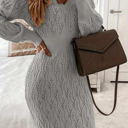 Chic Warm V-Neck Midi Sweater Dress - Hollow Detail, Semi-Sheer Elegance, Perfect for Fall/Winter