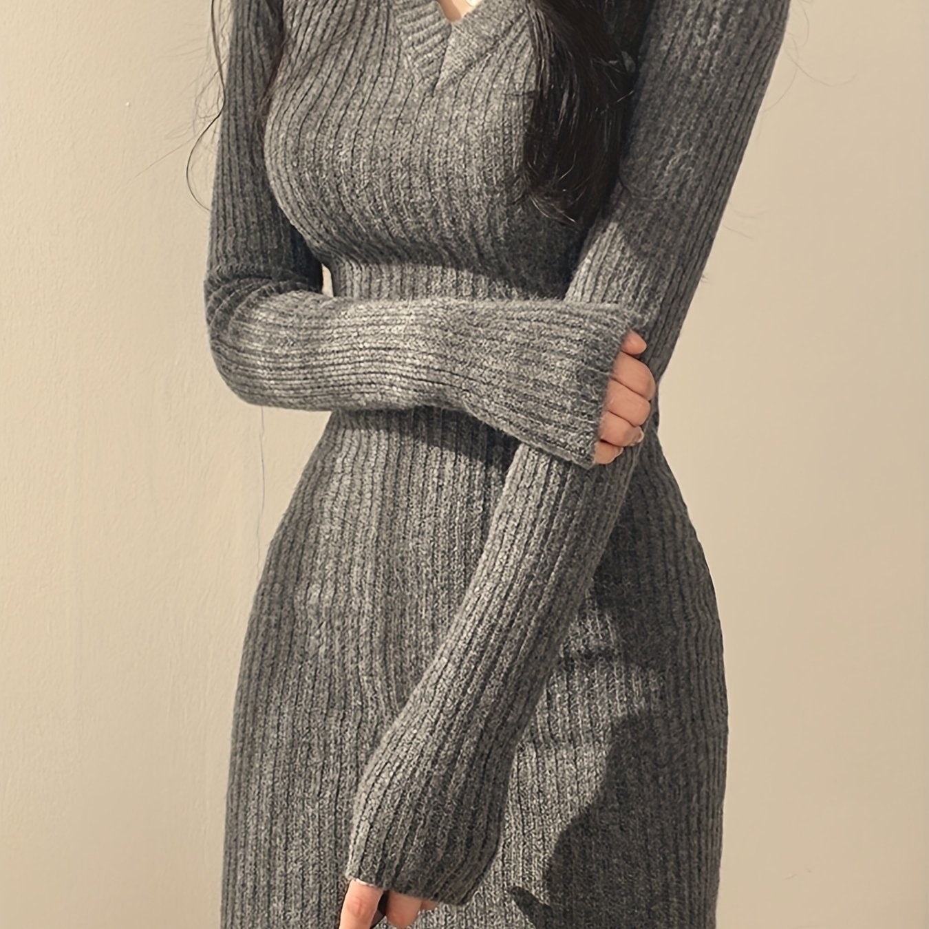 Cozy Solid Knit V-Neck Sweater Dress - Elegant Bodycon Dresses for Women - Long Sleeve, Fall & Winter Essential, Soft, Warm, and Comfortable Clothing