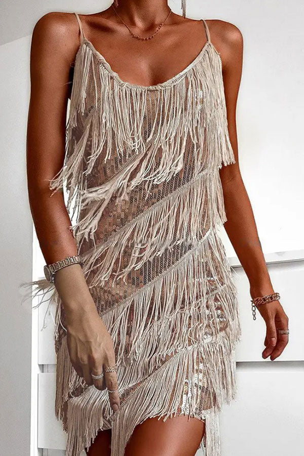 Sequined Unusual Tiered Tassel Mini Dress