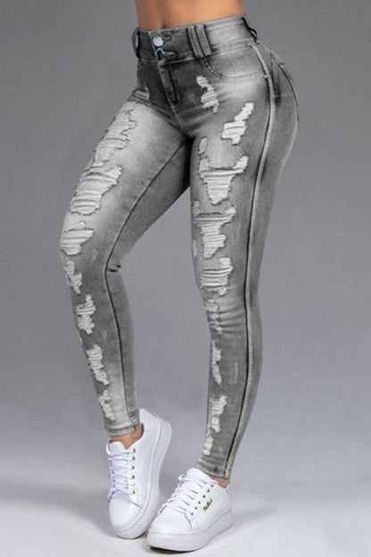 lovwvol  - Dark Blue Fashion Casual Solid Ripped Patchwork High Waist Skinny Denim Jeans