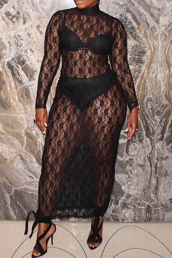 Solid Color Lace Lowkey See-Through Maxi Dress