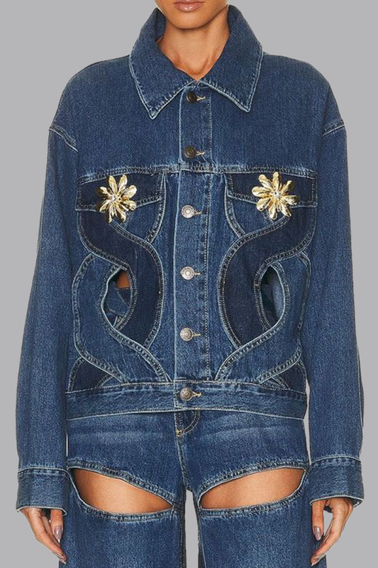 lovwvol  - Blue Casual Color Lump Solid Hollowed Out Buttons Metal Accessories Decoration Turndown Collar Long Sleeve Regular Denim Jacket