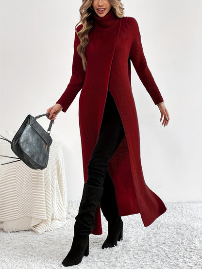 Elegant Fall/Winter Maxi Dress: Long Sleeve, High Neck with Split Hem for Women — Durable & Comfort Fit