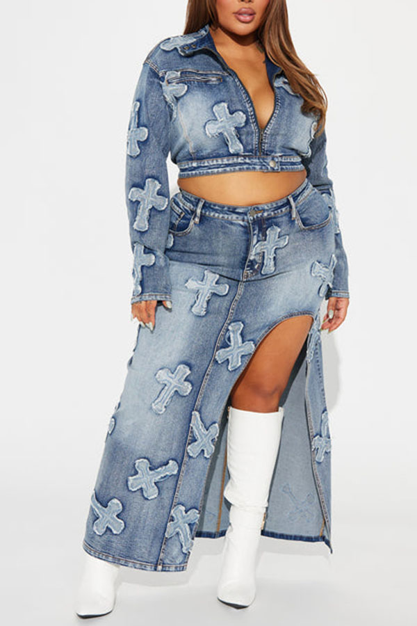 Cross Applique On-trend High Split Washed Denim Dress Suit