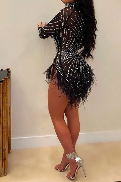 Rhinestone & Beaded Decor Striking Tassel Irregular See-Through Mini Dress