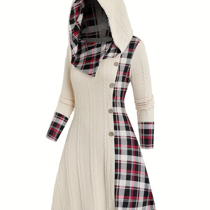 Chic Plaid Hooded Dress - Long Sleeve A-Line Style with Trendy Splicing - Perfect Casual Wear for Women - Autumn/Winter Fashion Staple