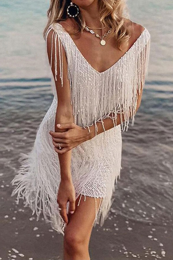 Solid Color Girly Tassel Mini Dress