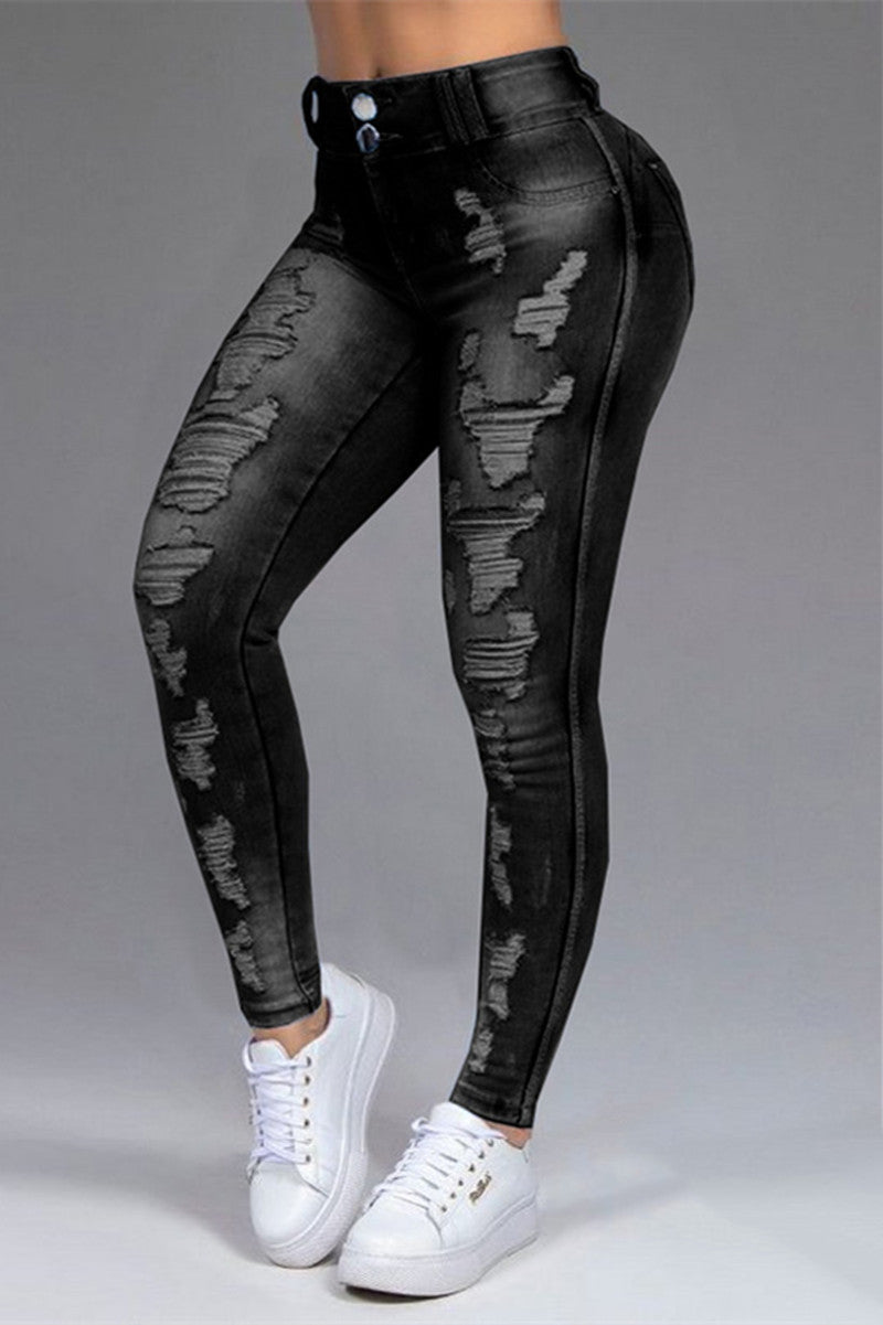 lovwvol  - Black Casual Solid Ripped Mid Waist Skinny Denim