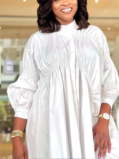 Solid Color Puff Sleeve Shirt Dress