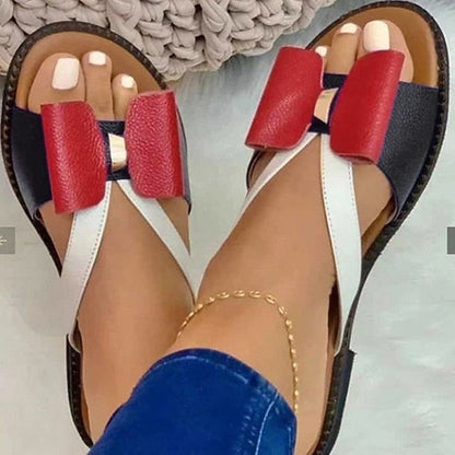 Women's Sandals Slippers Flat Sandals Outdoor Slippers Outdoor Daily Beach Summer Bowknot Flat Heel Open Toe Classic Casual Sweet Faux Leather Loafer Color Block Yellow Red Gold