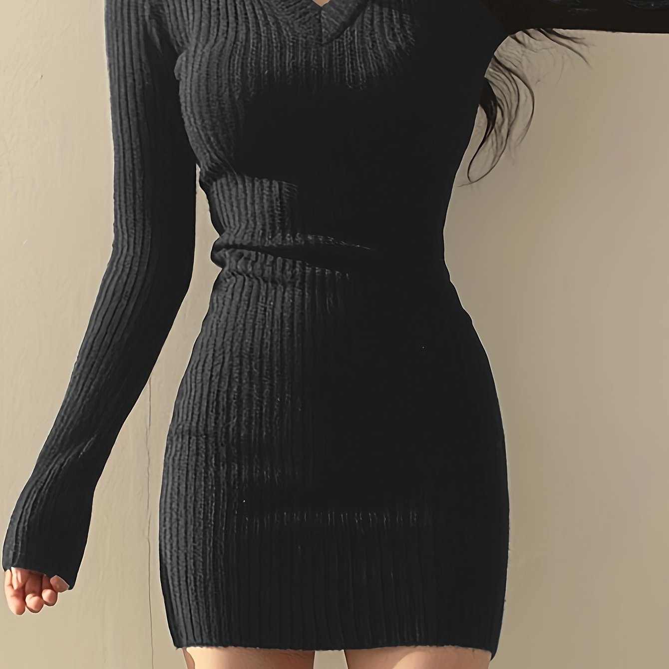 Cozy Solid Knit V-Neck Sweater Dress - Elegant Bodycon Dresses for Women - Long Sleeve, Fall & Winter Essential, Soft, Warm, and Comfortable Clothing