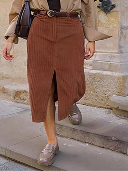 Women's Skirt Long Skirt Midi Polyester Corduroy Brown Skirts Winter Pocket Split Ends Fashion Casual Street Daily S M L