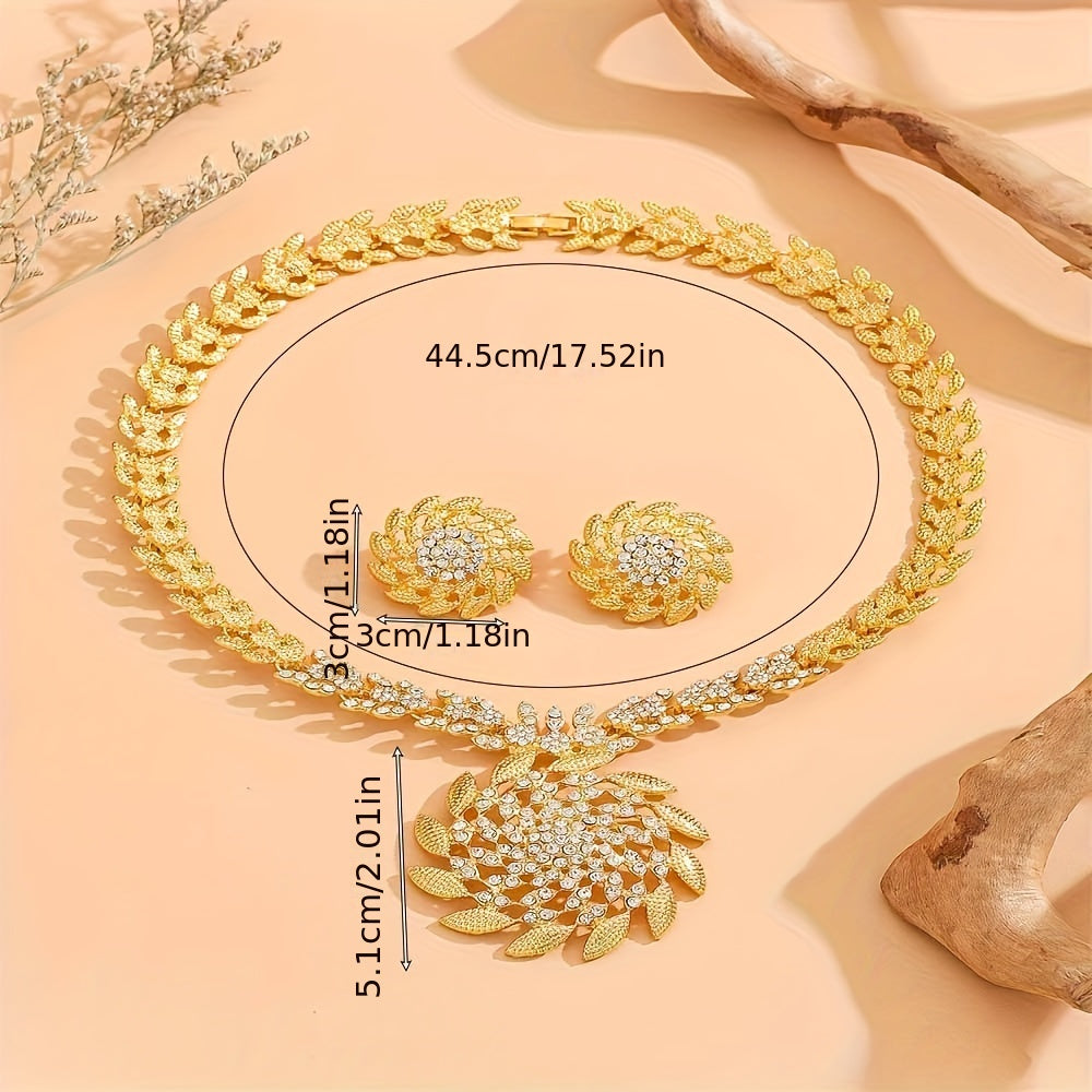 Vintage Tribal Style 14K Gold Plated Jewelry Set with Rhinestone Mosaic - Zinc Alloy Sun-Inspired Bridal Necklace and Earrings Duo for Weddings and Banquets