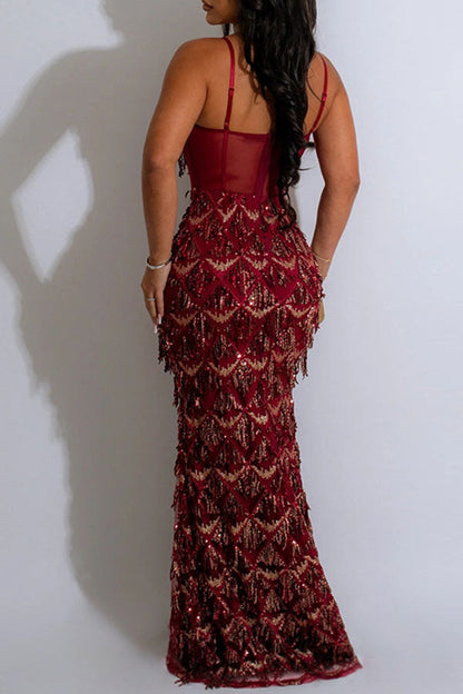 Patchwork Sequined Tassel Sophisticated Maxi Dress