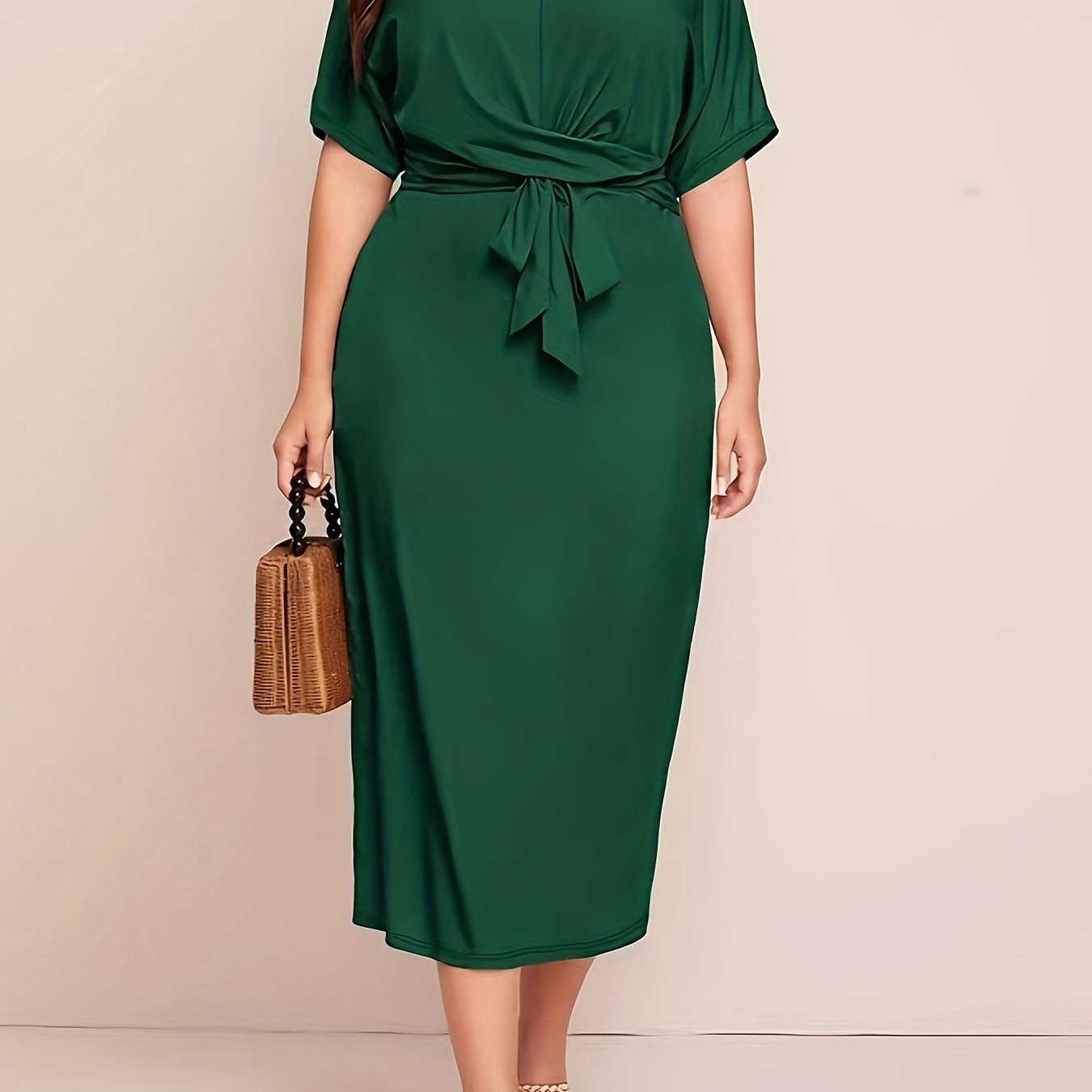 Chic All-Season Elegance: Durable Knit, Non-Sheer Solid Color Dress with Crew Neck, Half-Sleeves, and Flattering Tie Waist