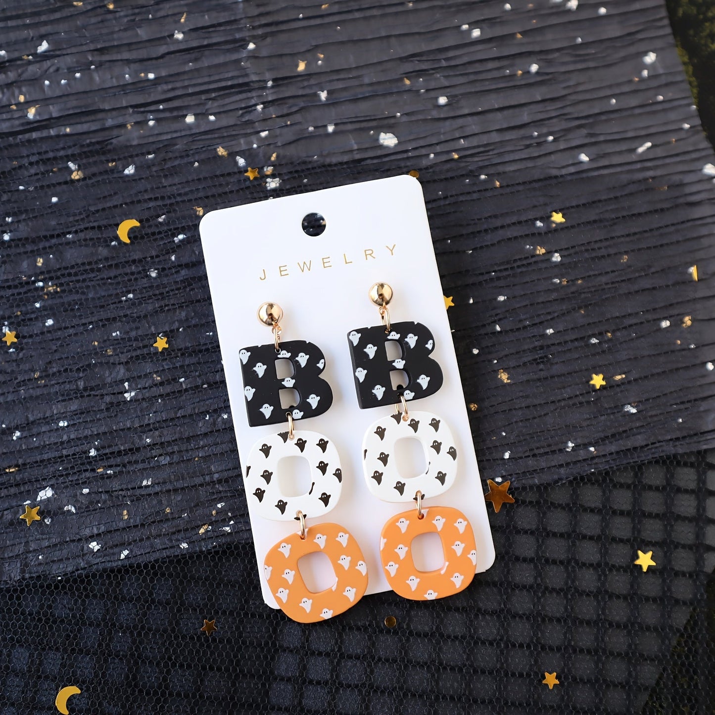 Halloween Acrylic Drop Earrings Cute Ghost Print BOO Dangle Fun & Quirky Party Accessory, Hypoallergenic Stainless Steel Ear Needle, No Plating - All Seasons Festive Jewelry Gift