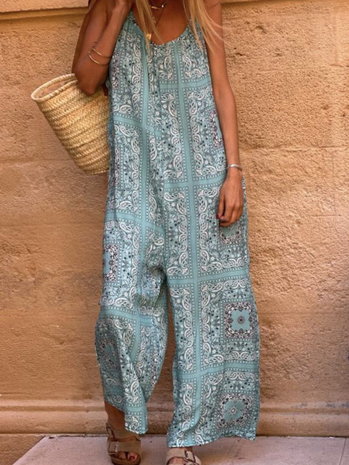 Boho Paisley Tribal Geometric Floral Vacation Loosen Pockets Scoop Neckline Cami Jumpsuit & Romper