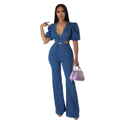 Women's Ruched Balloon Sleeves Puff Sleeves Fashion Casual Sexy Denim Cutout Jumpsuit