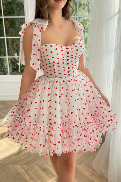 Heart Print Lace-Up Sweet Bubble Mini Dress