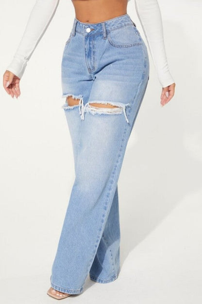 lovwvol  - Baby Blue Casual Solid Ripped High Waist Straight Denim Jeans (Subject To The Actual Object)