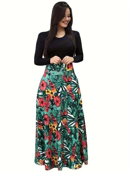 Elegant Floral Maxi Dress: Comfort-Fit, Crew Neck, Easy-Care, Perfect for Spring/Fall - Chic & Durable