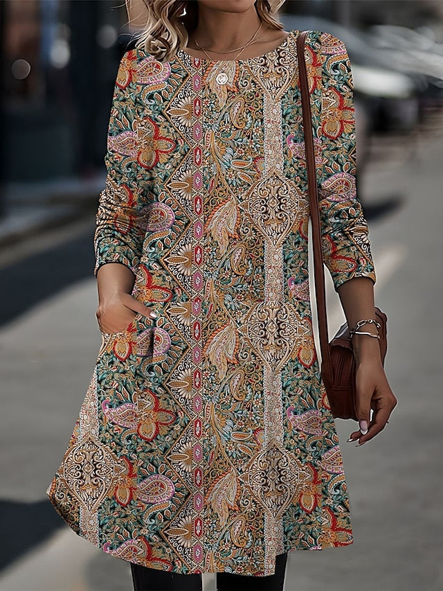 Women's Casual Dress T Shirt Dress Tee Dress Winter Dress Floral Paisley Pocket Print Crew Neck Midi Dress Vintage Ethnic Outdoor Daily Long Sleeve Regular Fit Yellow Pink Blue Fall Winter S M L XL