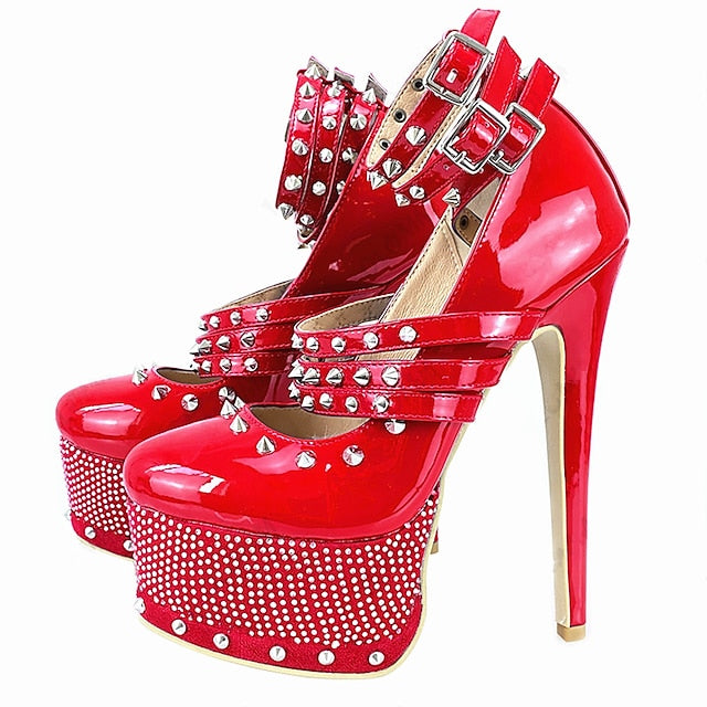 Women's Heels Stilettos Party Club Rhinestone Rivet Buckle Platform High Heel Stiletto Heel Round Toe Gothic Patent Leather Buckle Ankle Strap Color Block Black Yellow Rosy Pink