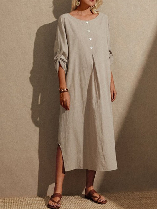 Women's Casual Dress Cotton Linen Dress Shift Dress Maxi long Dress Linen / Cotton Blend Daily Casual Daily Outdoor Daily Date Crew Neck Button Long Sleeve Spring Fall Winter  Loose Fit khaki