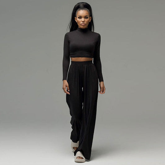 Long Sleeve Crop Top Wide Leg Pants Matching Set - Black