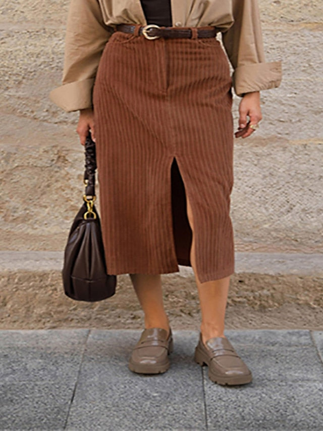 Women's Skirt Long Skirt Midi Polyester Corduroy Brown Skirts Winter Pocket Split Ends Fashion Casual Street Daily S M L