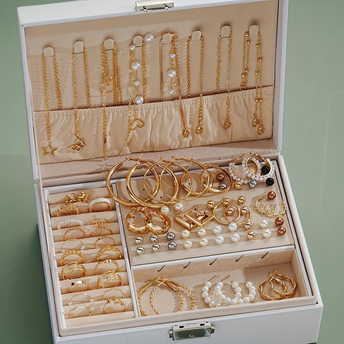 91-Piece Luxury Jewelry Set for Women - Exquisite Geometric, Heart, Floral, Butterfly, Star & Faux Pearl Earrings, Studs, Necklaces, Rings for Chic Vacation & Everyday Wear - Perfect Accessory Gift Set for Her