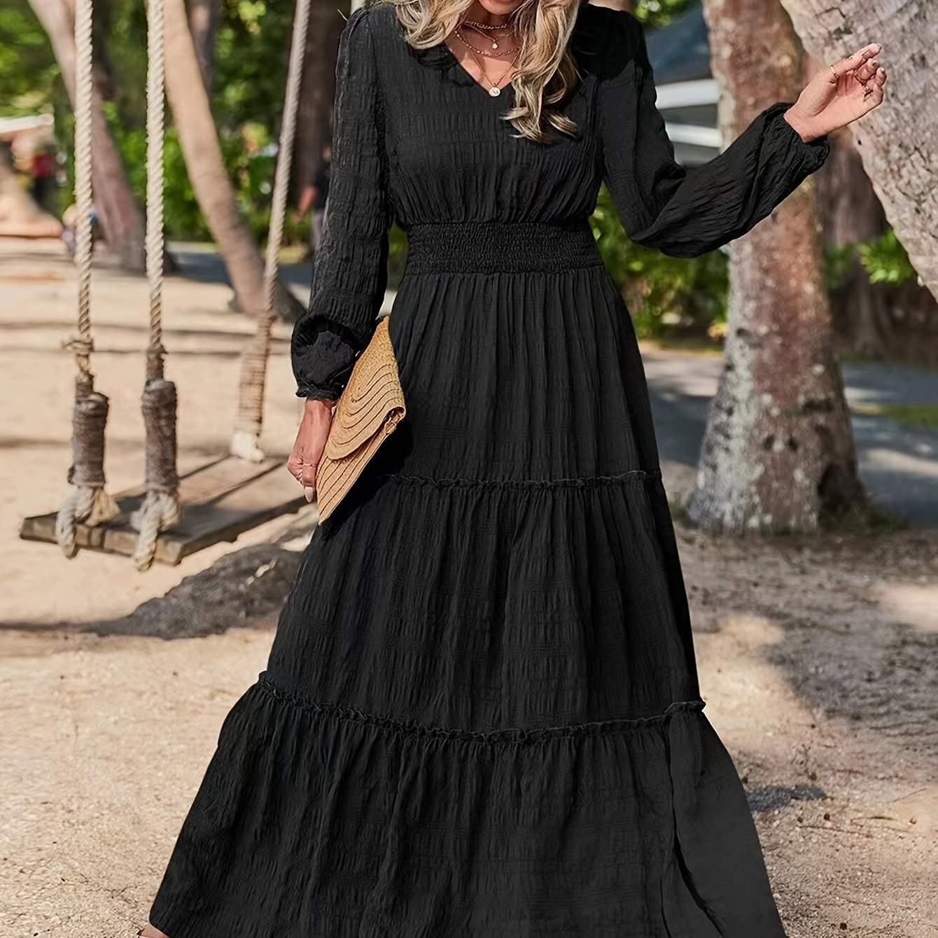 Chic Solid V-neck Textured Maxi Dress - Flattering Vacation Style with Smocked Long Sleeves - Versatile Womens Clothing for All Seasons