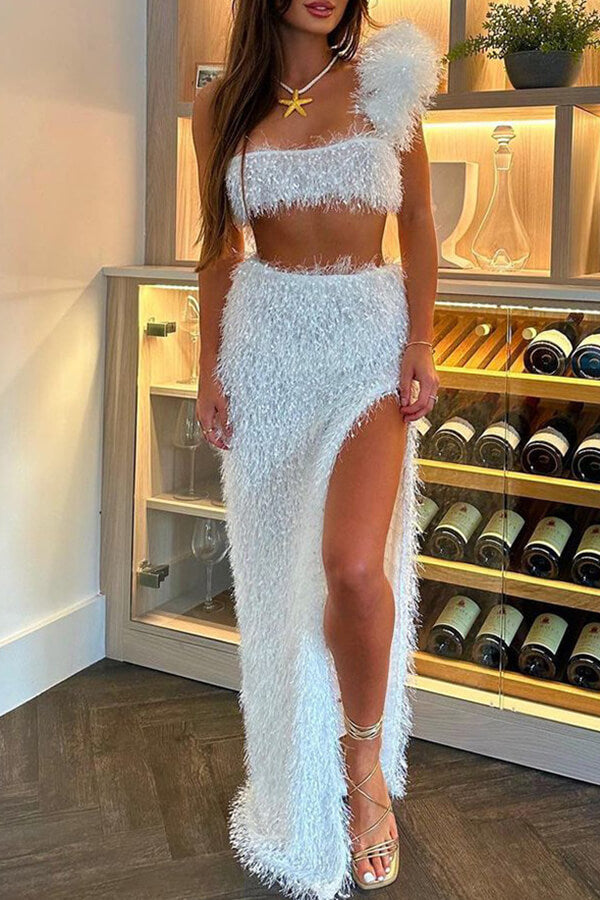 Solid Color Furry One Shoulder Rocking High Split Dress Suit