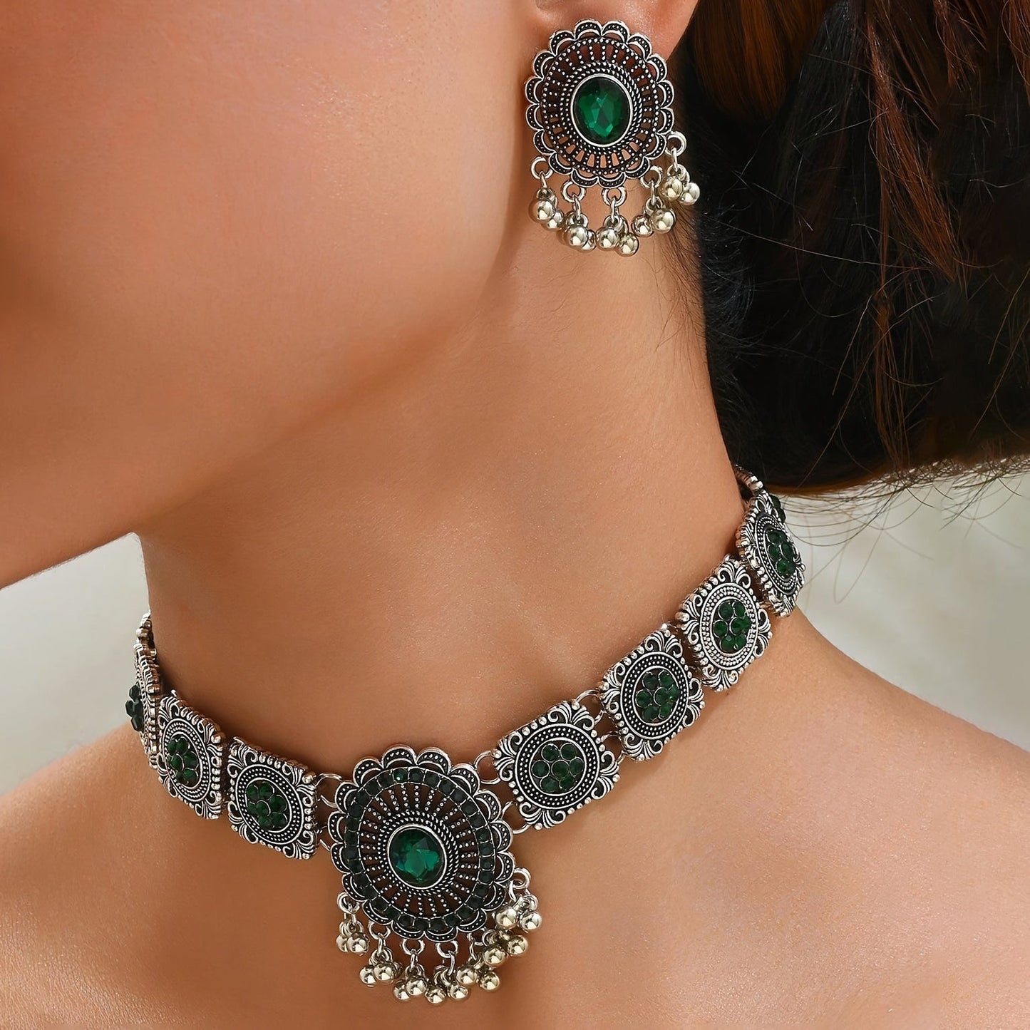 Elegant Vintage Jhumka Jewelry Set - Sparkling Stone-Paved Necklace & Earrings for Daily & Party Glamour